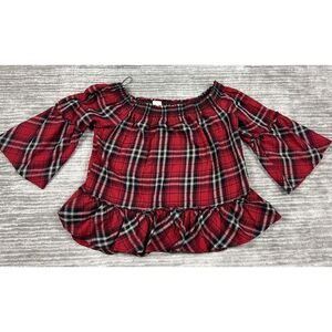C Label Top Womens Large Red Plaid Off Shoulder 3/4 Sleeve Bohemian‎ Casual